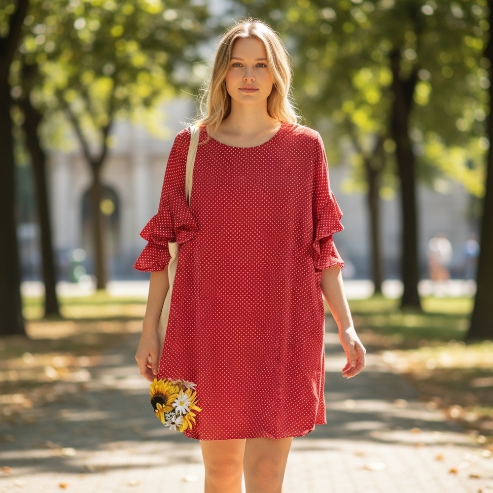 Three Eighty Two Red Polka Dot flowy dress - Picture 1 of 11